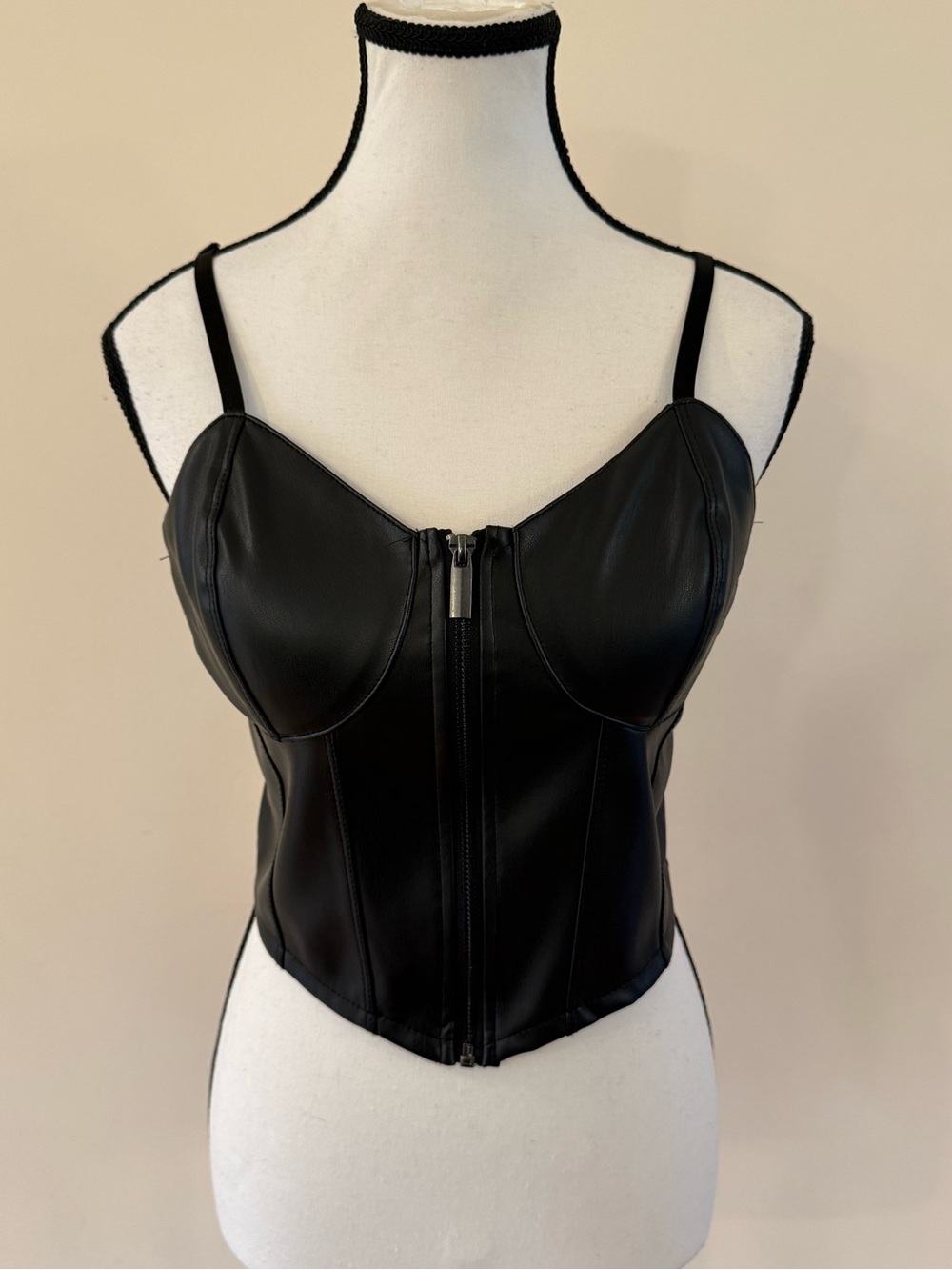 Almost Famous Black Faux Leather Zip Bustier Camisole size Large
